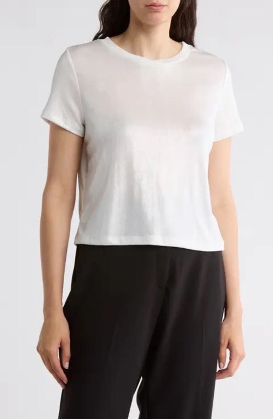 Renee C Metallic Ivory Short Sleeve Crewneck Cropped T Shirt - Medium, NWOT